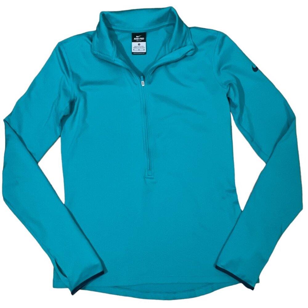 Nike Pro Dri-Fit 1/4 Zip Pullover Shirt Women's MD Teal Green Running Thumb Tabs